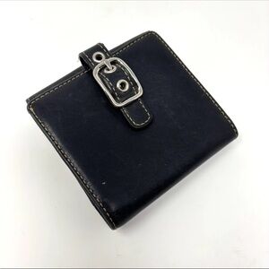 Vintage Coach Compact Buckle Bifold Small Wallet Black Leather Billfold Side